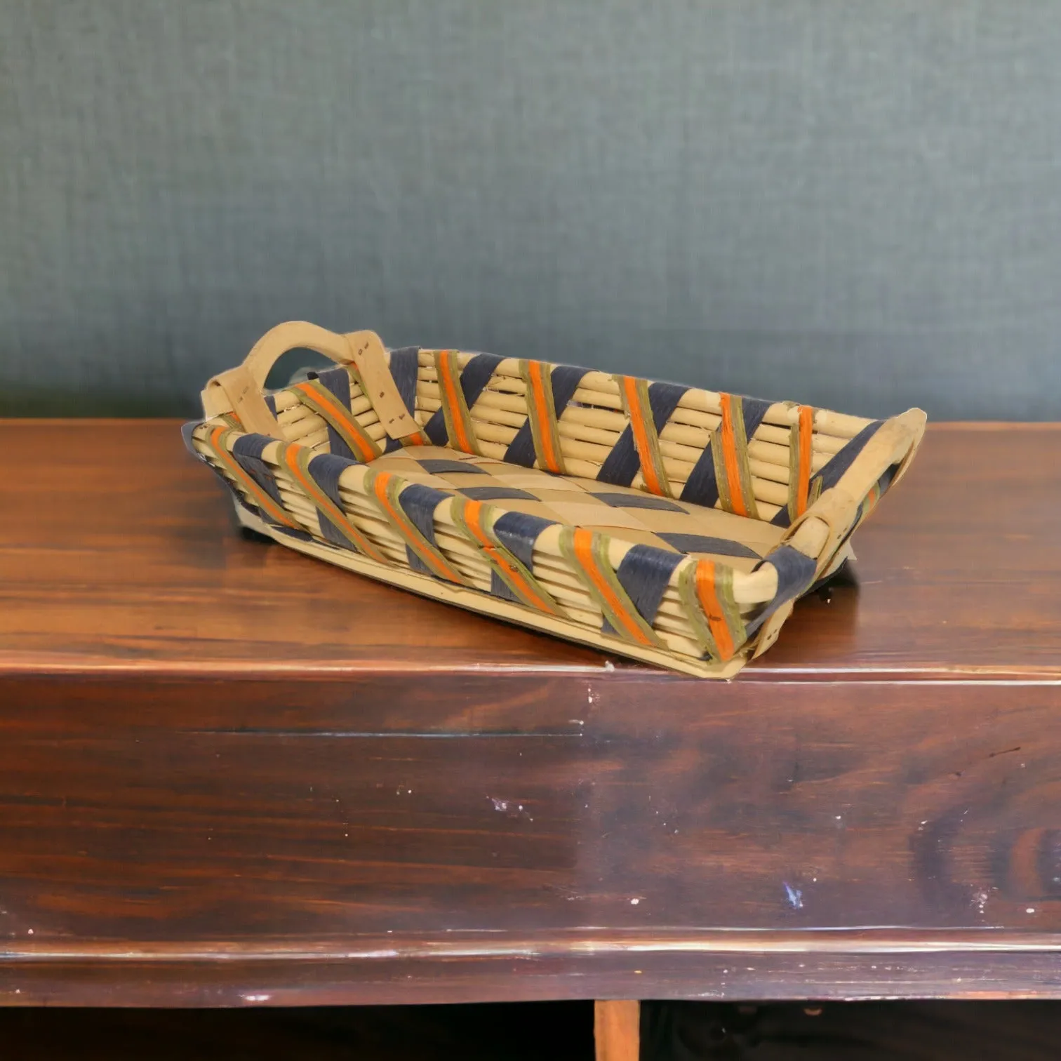 Rectangular Bamboo Blue Orange Basket with Handle