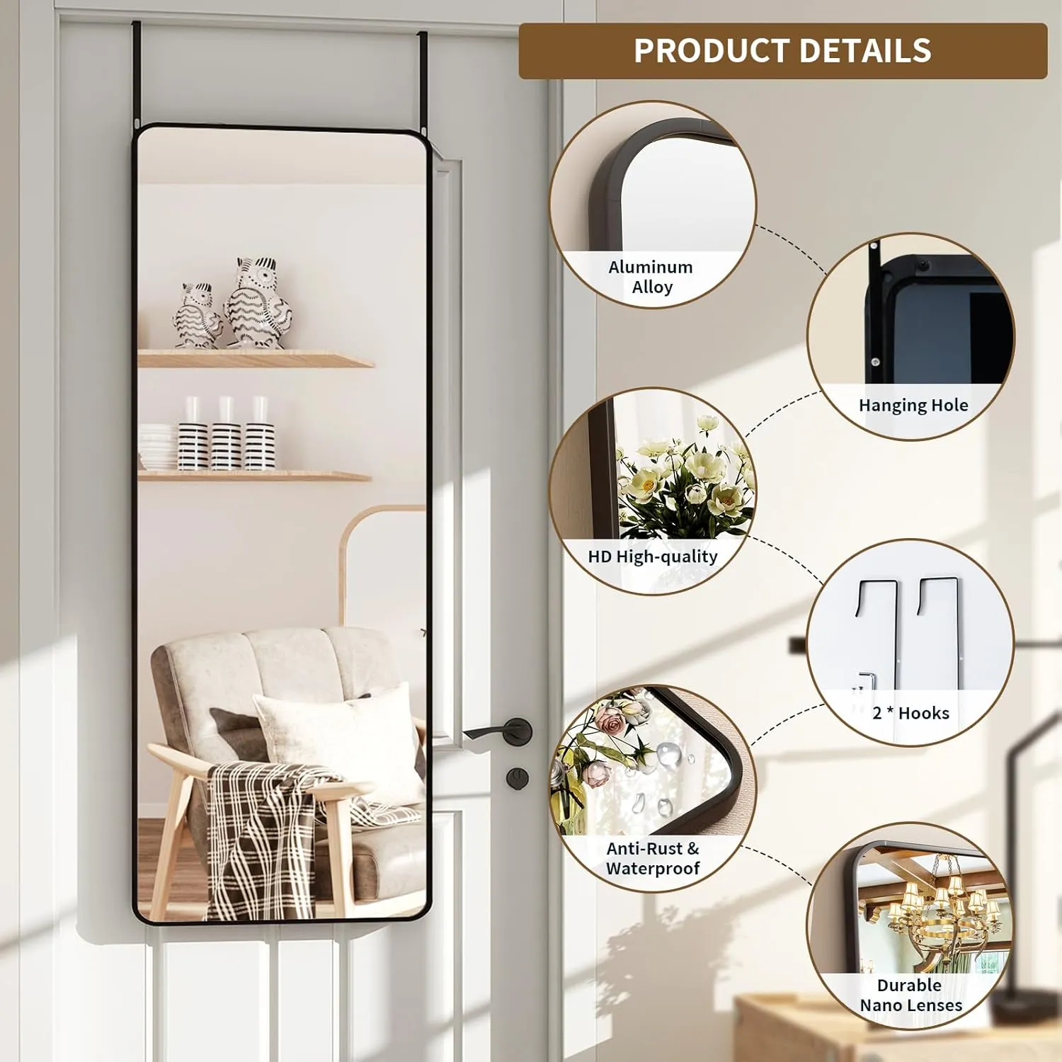 Rectangular Full Length Mirror - 48"x14" Mirrors Full Length Over -The-Door Mirror, Wall Mounted Hanging Mirro with Adjustable Height, Aluminum Alloy Frame & Shatterproof Glass for Bedroom, Dorm