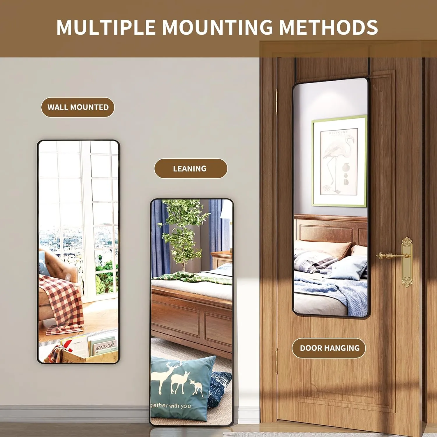Rectangular Full Length Mirror - 48"x14" Mirrors Full Length Over -The-Door Mirror, Wall Mounted Hanging Mirro with Adjustable Height, Aluminum Alloy Frame & Shatterproof Glass for Bedroom, Dorm