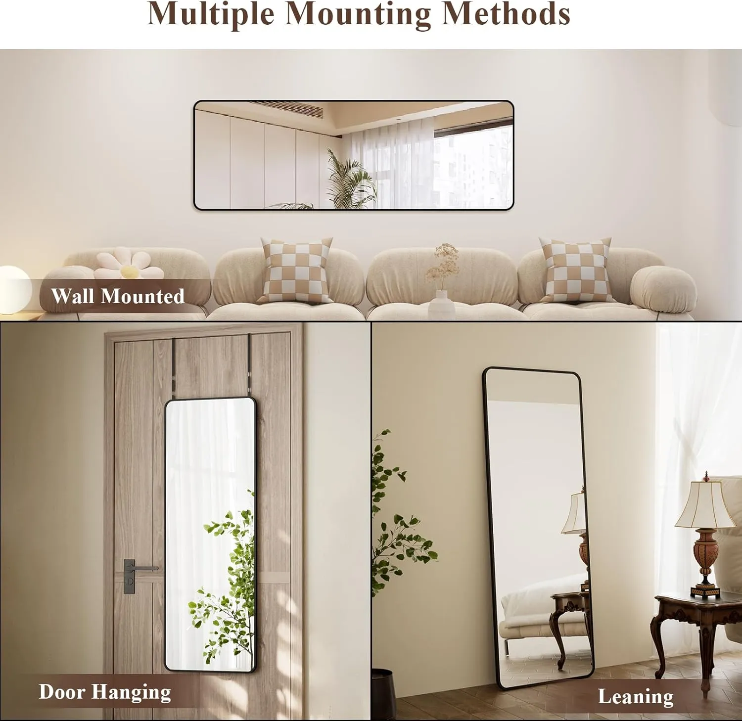 Rectangular Full Length Mirror - 48"x14" Mirrors Full Length Over -The-Door Mirror, Wall Mounted Hanging Mirro with Adjustable Height, Aluminum Alloy Frame & Shatterproof Glass for Bedroom, Dorm