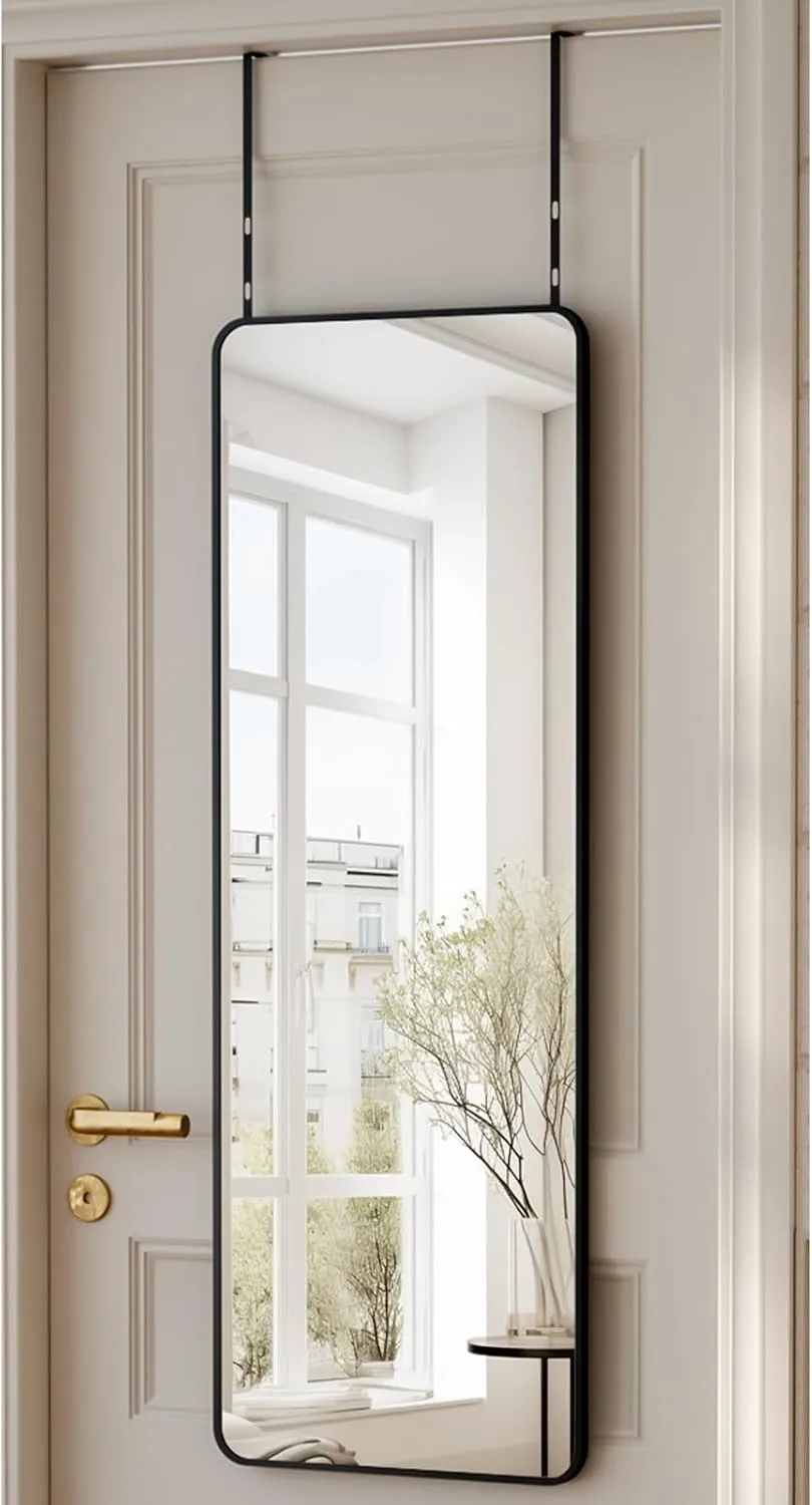 Rectangular Full Length Mirror - 48"x14" Mirrors Full Length Over -The-Door Mirror, Wall Mounted Hanging Mirro with Adjustable Height, Aluminum Alloy Frame & Shatterproof Glass for Bedroom, Dorm