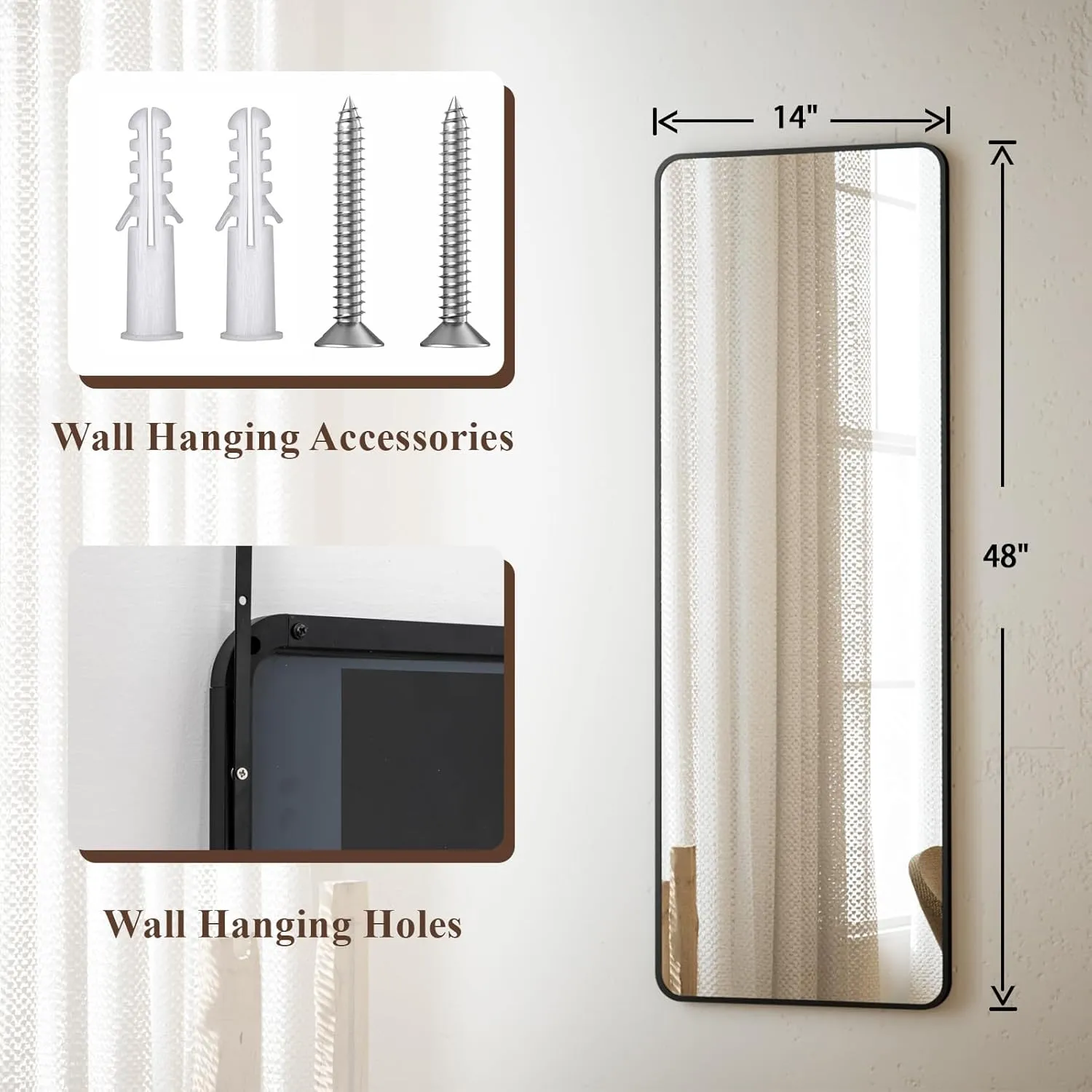 Rectangular Full Length Mirror - 48"x14" Mirrors Full Length Over -The-Door Mirror, Wall Mounted Hanging Mirro with Adjustable Height, Aluminum Alloy Frame & Shatterproof Glass for Bedroom, Dorm