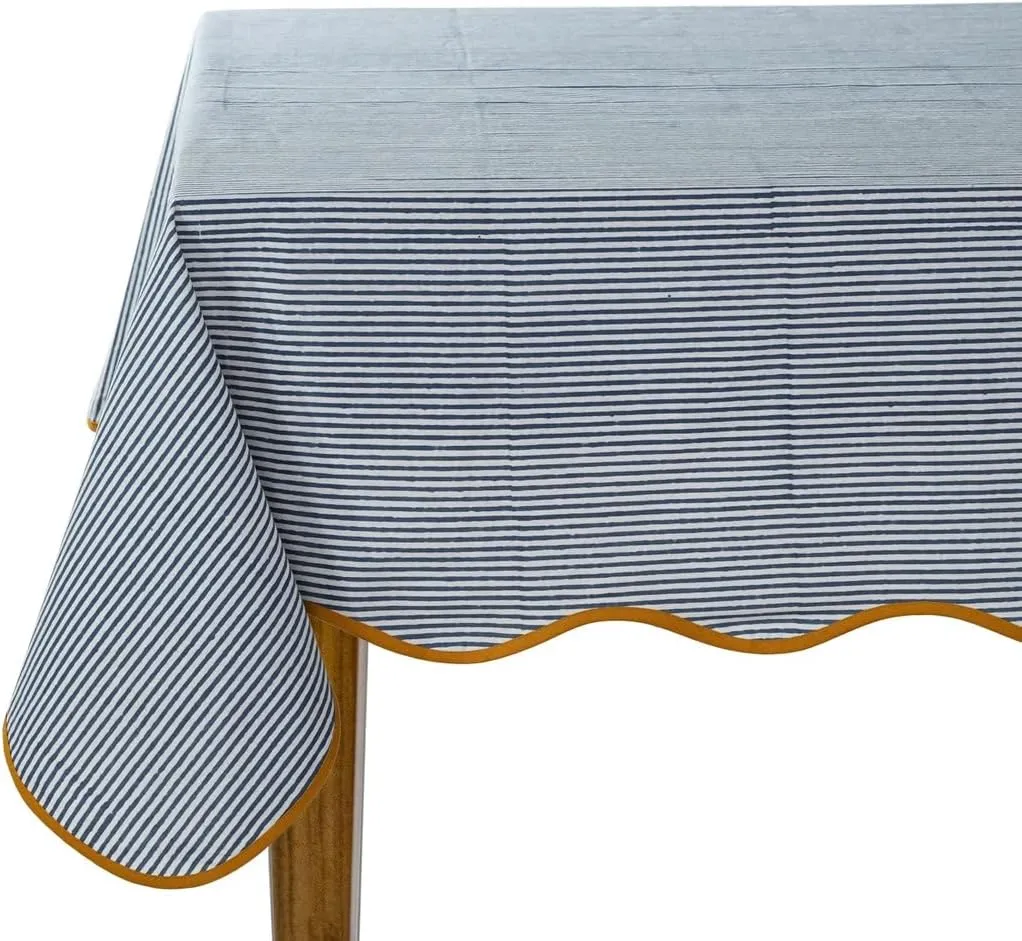 Ridhi Blue Stripe 60x90 Inches Rectangle 100% Cotton Hand Block Print Washable Decorative Spring Summer Parties/Wedding Use,Fall décor Farmhouse Dining Dinner Tablecloth
