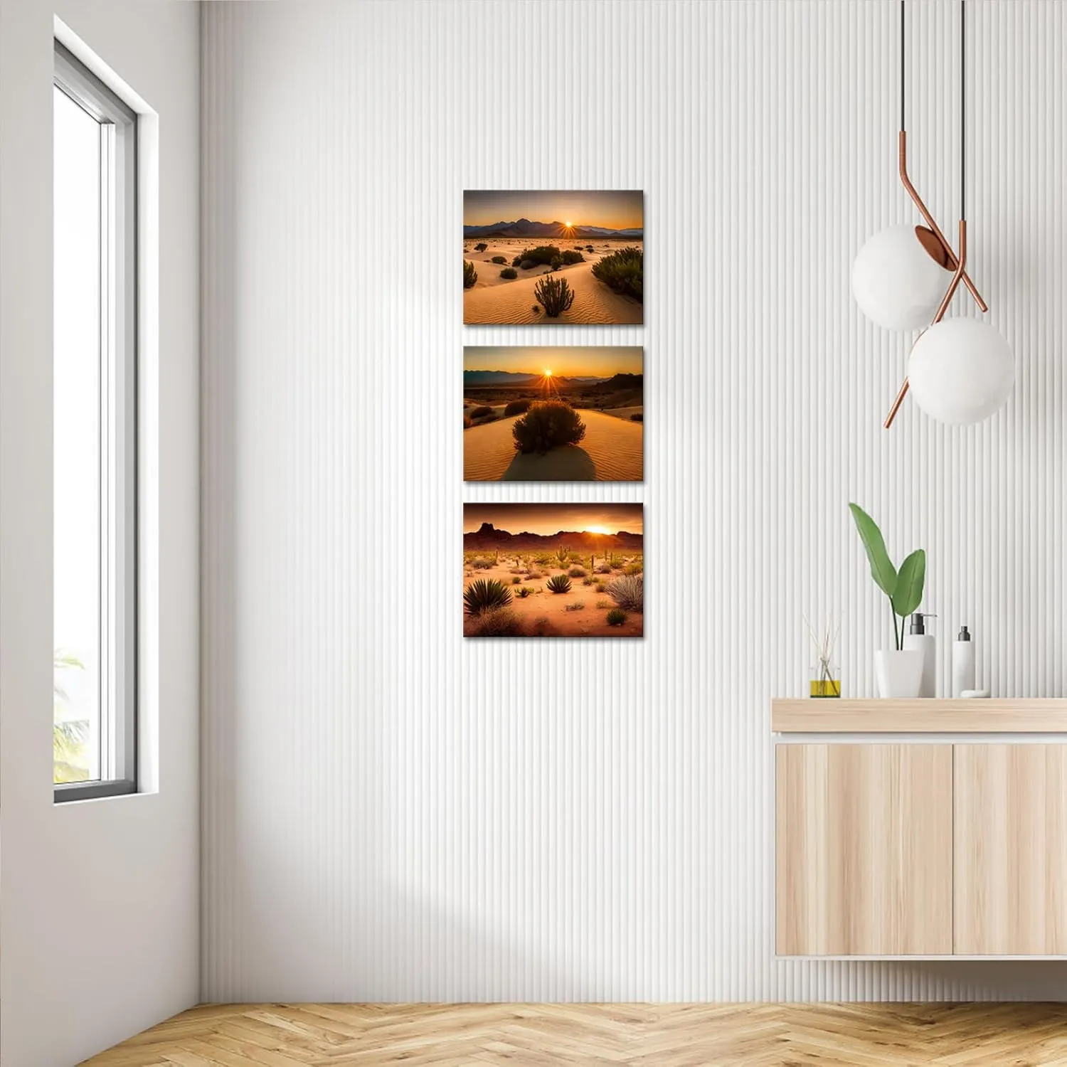 RnnJoile Desert Sunset Canvas Wall Art Cacti and Sand Painting Pictures Sahara Desert Landscape Prints Wall Decor Framed 12"x16"x3pcs (Small)