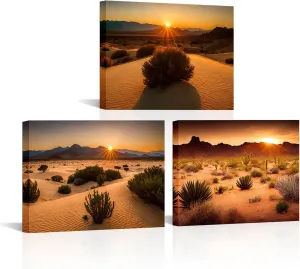 RnnJoile Desert Sunset Canvas Wall Art Cacti and Sand Painting Pictures Sahara Desert Landscape Prints Wall Decor Framed 12"x16"x3pcs (Small)