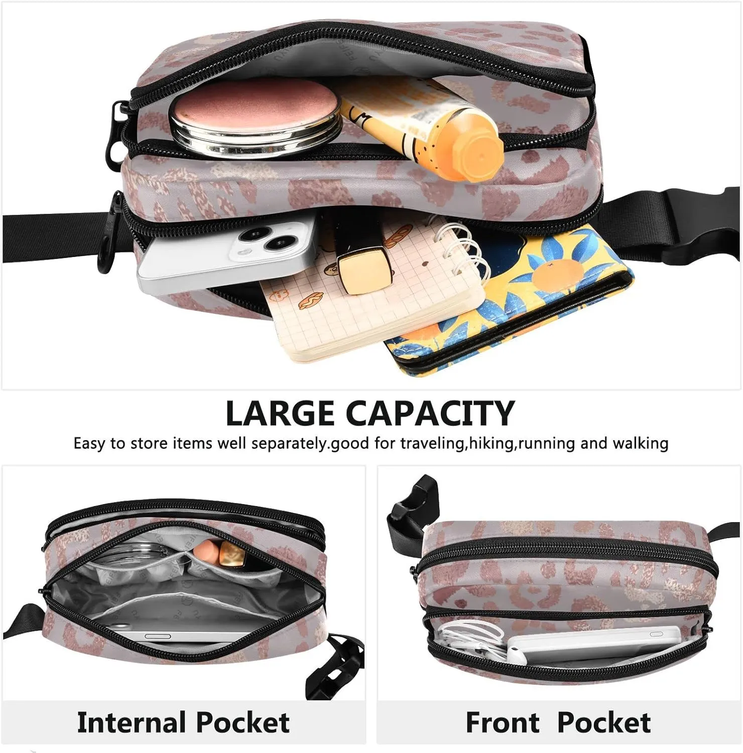 Rose Gold Leopard Fanny Packs for Women Men Belt Bag with Adjustable Strap Fashion Waist Packs Crossbody Bag Waist Pouch for Outdoor Hiking Running Travel