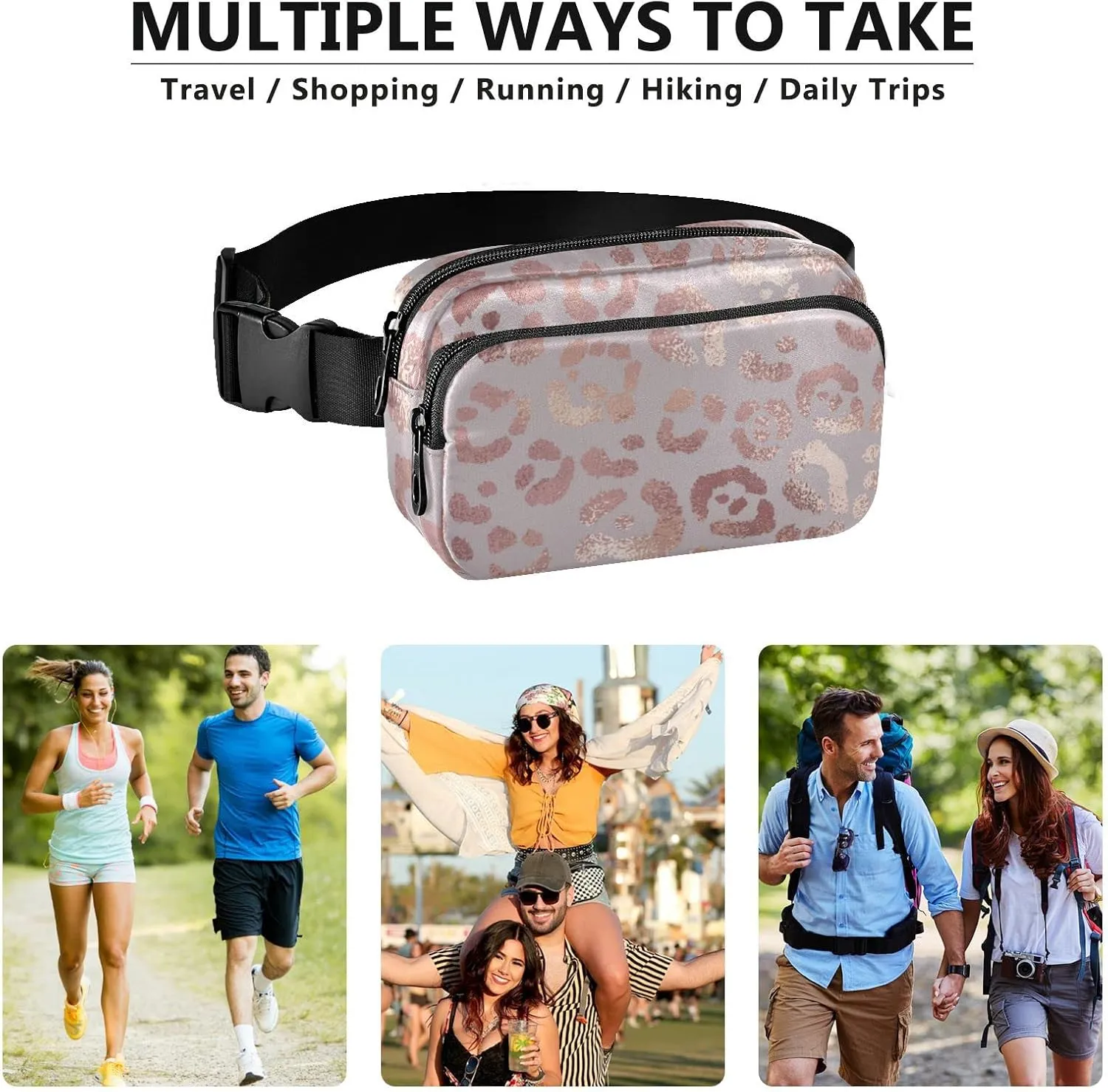 Rose Gold Leopard Fanny Packs for Women Men Belt Bag with Adjustable Strap Fashion Waist Packs Crossbody Bag Waist Pouch for Outdoor Hiking Running Travel