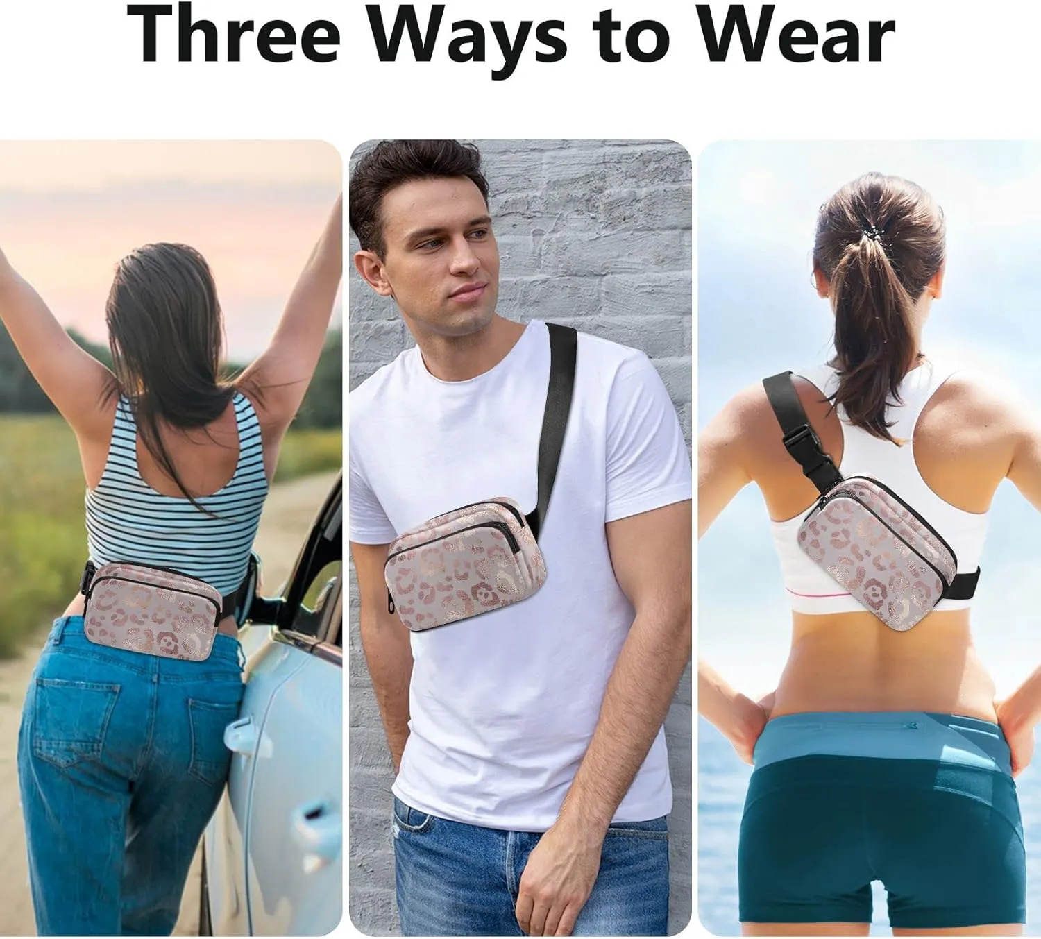 Rose Gold Leopard Fanny Packs for Women Men Belt Bag with Adjustable Strap Fashion Waist Packs Crossbody Bag Waist Pouch for Outdoor Hiking Running Travel
