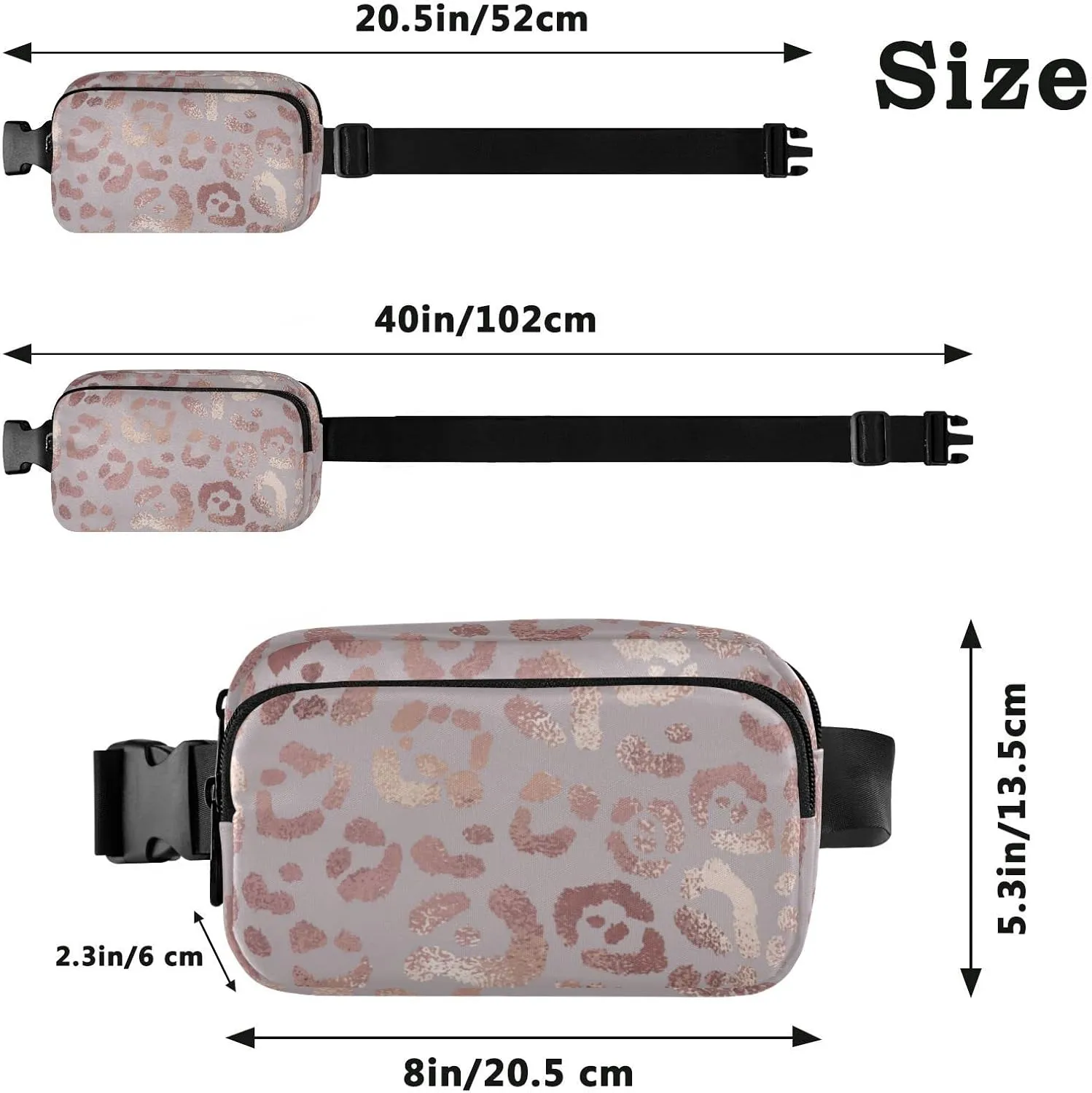 Rose Gold Leopard Fanny Packs for Women Men Belt Bag with Adjustable Strap Fashion Waist Packs Crossbody Bag Waist Pouch for Outdoor Hiking Running Travel