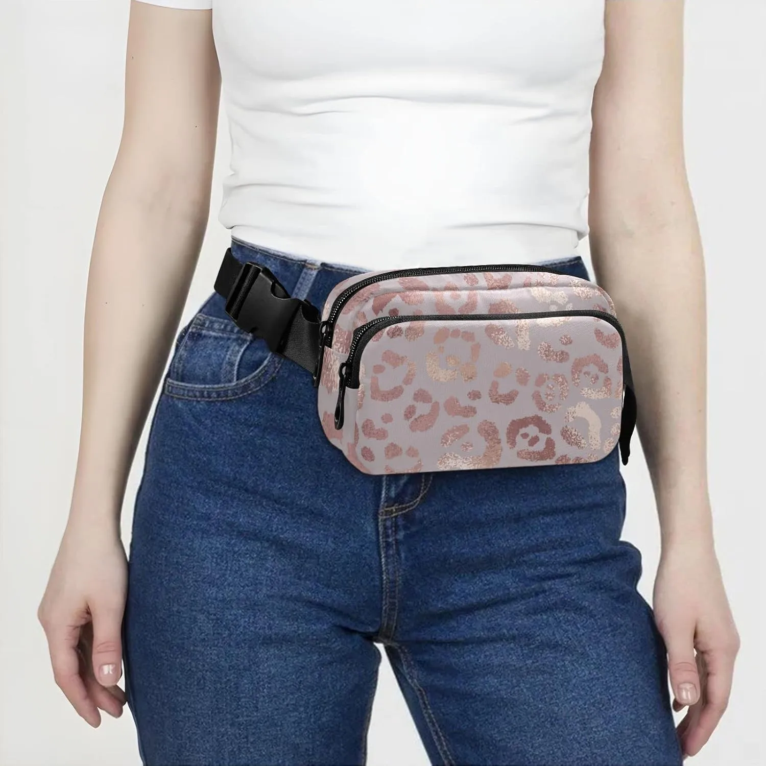 Rose Gold Leopard Fanny Packs for Women Men Belt Bag with Adjustable Strap Fashion Waist Packs Crossbody Bag Waist Pouch for Outdoor Hiking Running Travel