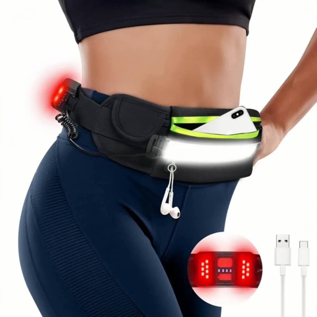 Running Light, 230°Wide-Angle 1000Lumens Night Running Light on Running Waist Belt Rechargeable Running Safety Lights with Adjustable Large Pocket Fanny Packet for Runners Jogging (Black)