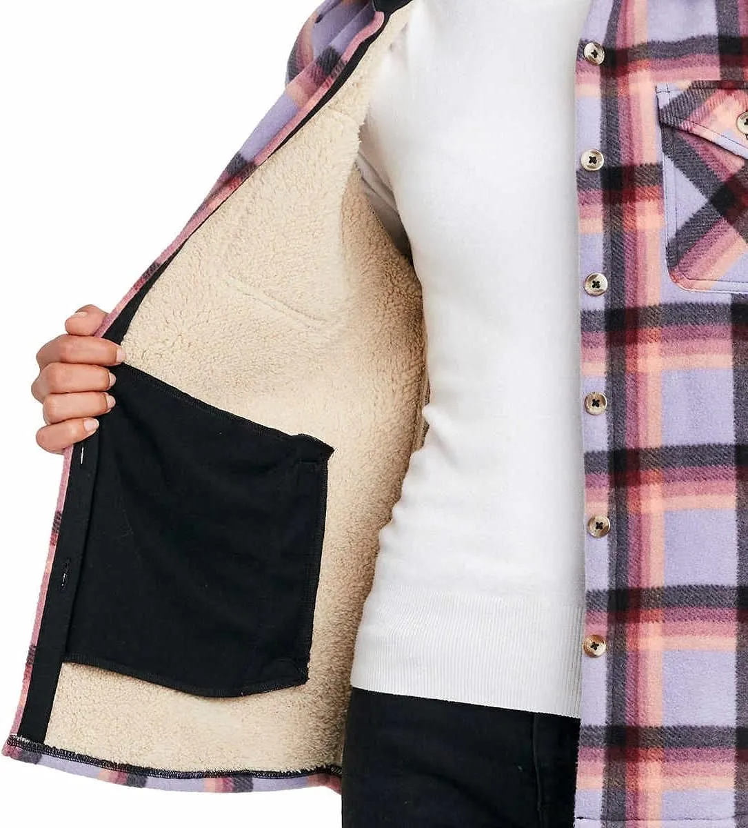 Sage Collective Women's Long Sleeve Plaid Super Plush Sherpa Lined Fleece Shirt Jacket with Pockets