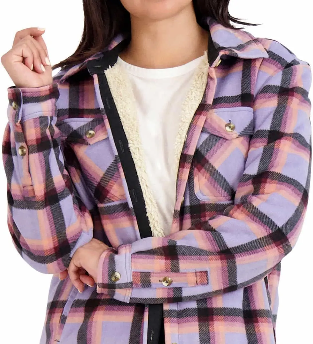 Sage Collective Women's Long Sleeve Plaid Super Plush Sherpa Lined Fleece Shirt Jacket with Pockets