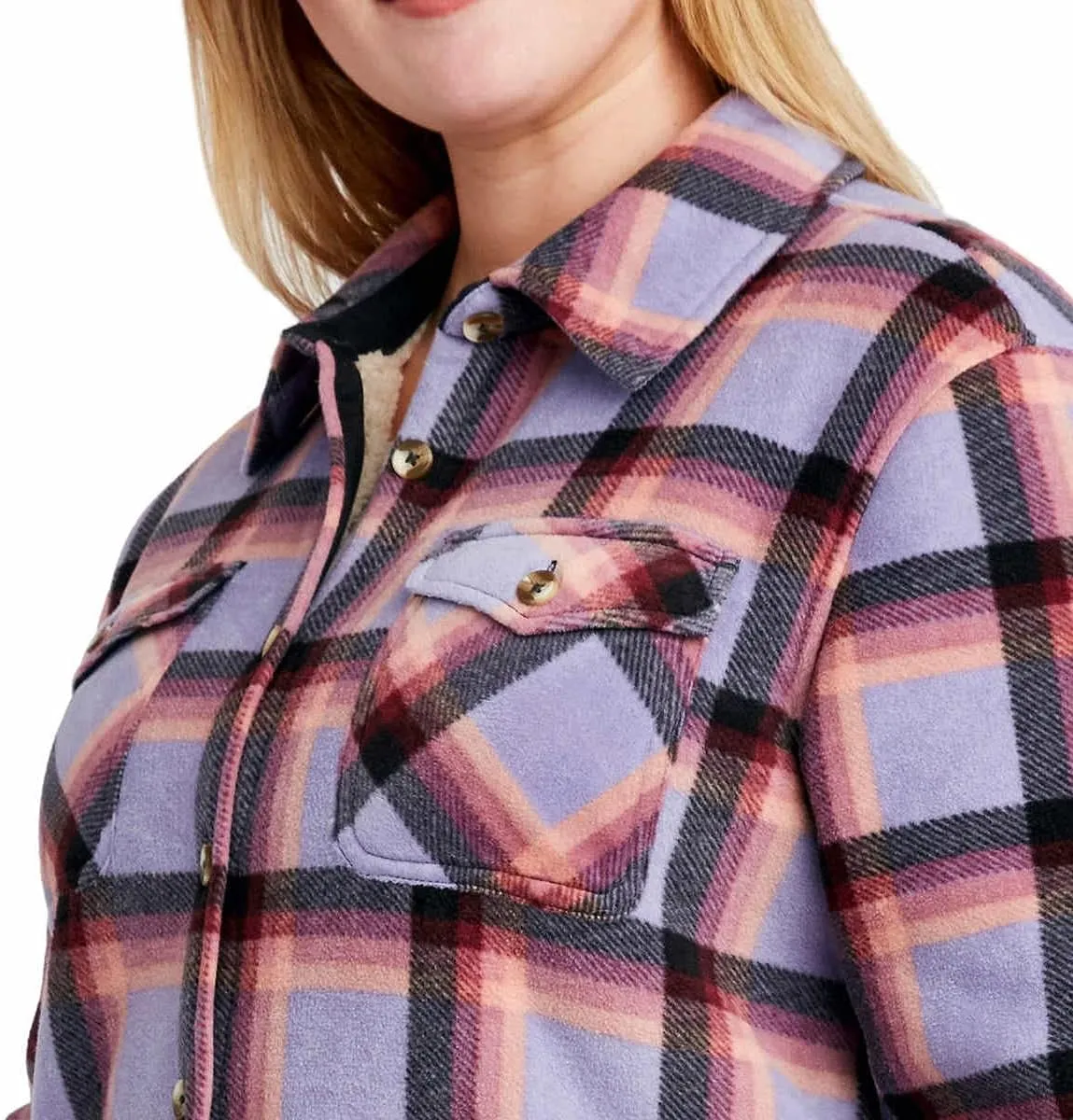 Sage Collective Women's Long Sleeve Plaid Super Plush Sherpa Lined Fleece Shirt Jacket with Pockets