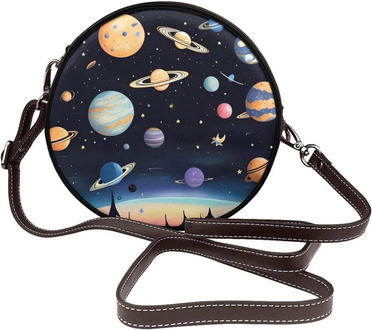Saturn Jupiter Earth Removable Shoulder Strap Waterproof Leather Shoulder Round Bag Crossbody Bag Travel Shopping Dating Handbag Purse