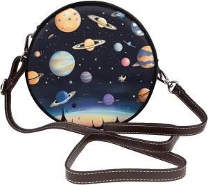 Saturn Jupiter Earth Removable Shoulder Strap Waterproof Leather Shoulder Round Bag Crossbody Bag Travel Shopping Dating Handbag Purse