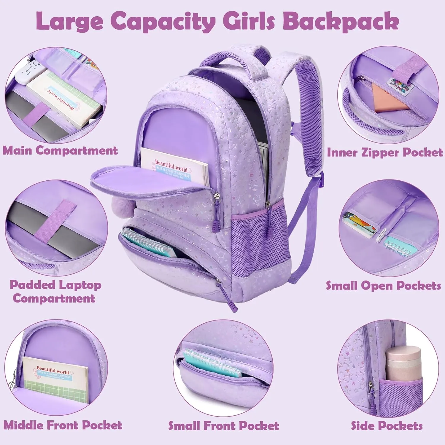 School Backpack for Girls, 3PCS Backpack Set with Lunch Box Pencil Case for Preschool Elementary High School Kids Teens