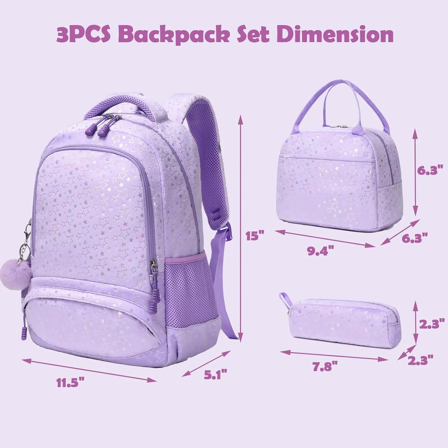 School Backpack for Girls, 3PCS Backpack Set with Lunch Box Pencil Case for Preschool Elementary High School Kids Teens