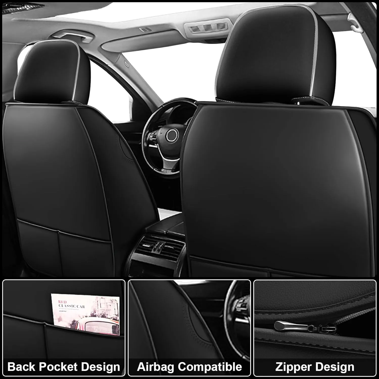 Seat Covers 5 Seats Custom Fit for Buick Regal 2011-2017, Standard Waterproof Car Seat Cover, Breathable and Comfortable Leather Cushion Cover, Auto Interior Accessories (Black Gray)