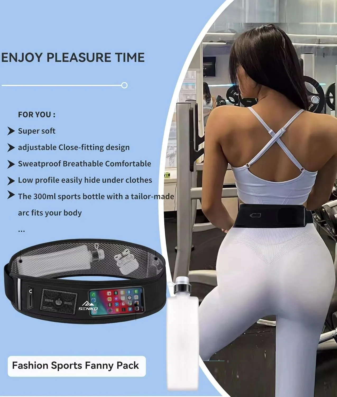 SENIKO Running Belt Hydration with Bottles,Fanny Pack Water Bottle Holder, Zipper Waist Pouch Fits Most phones,Zerobounce Design for Cycling Climbing Marathon (Watter Bottle Included)