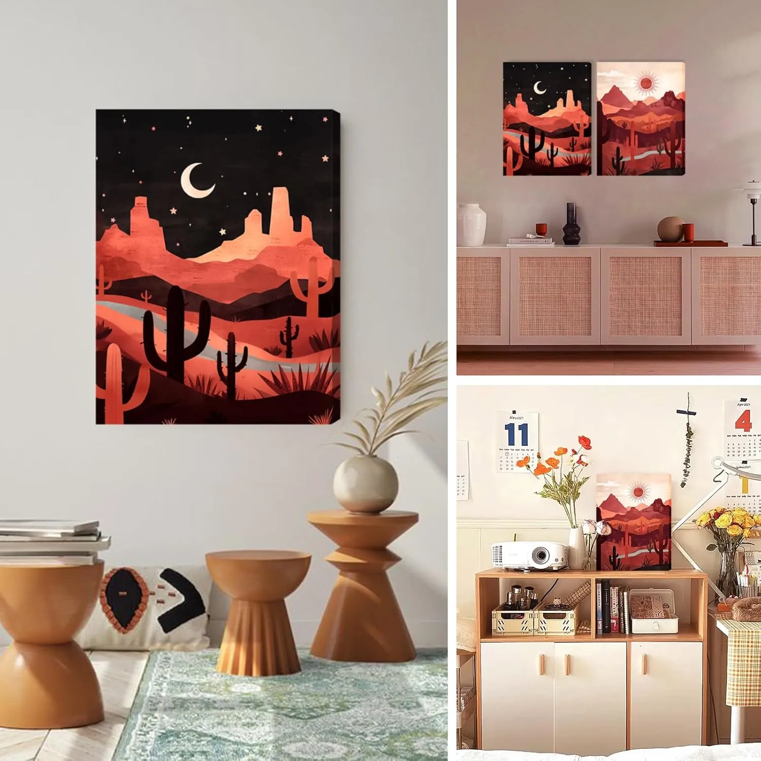 SERIMINO Boho Canvas Wall Art for Living Room, Western Desert Landscape Abstract Wall Art, Tropical Cactus Wall Decor Set of 2, Sun and Moon Art Prints for Dining Room Bedroom, 16 x24 inch