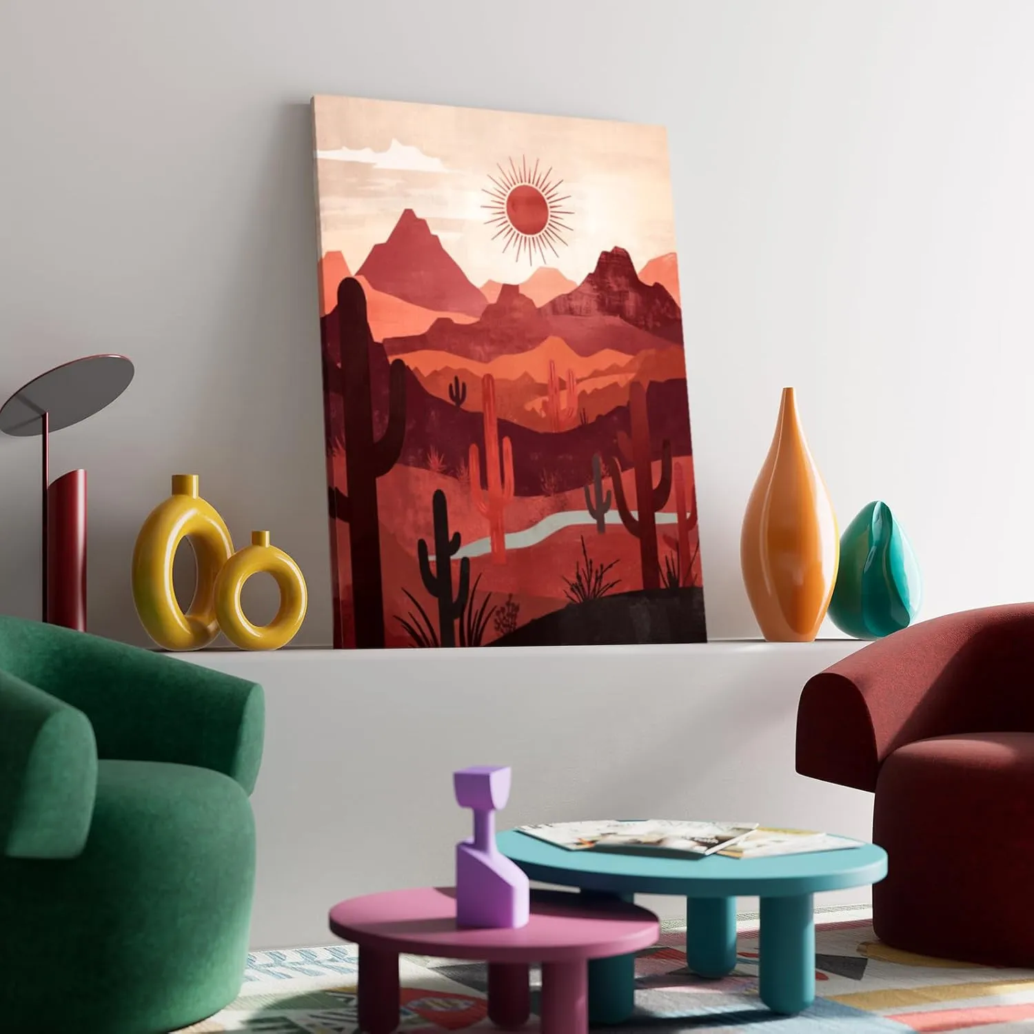 SERIMINO Boho Canvas Wall Art for Living Room, Western Desert Landscape Abstract Wall Art, Tropical Cactus Wall Decor Set of 2, Sun and Moon Art Prints for Dining Room Bedroom, 16 x24 inch