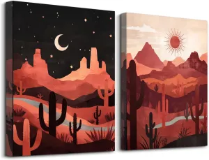SERIMINO Boho Canvas Wall Art for Living Room, Western Desert Landscape Abstract Wall Art, Tropical Cactus Wall Decor Set of 2, Sun and Moon Art Prints for Dining Room Bedroom, 16 x24 inch