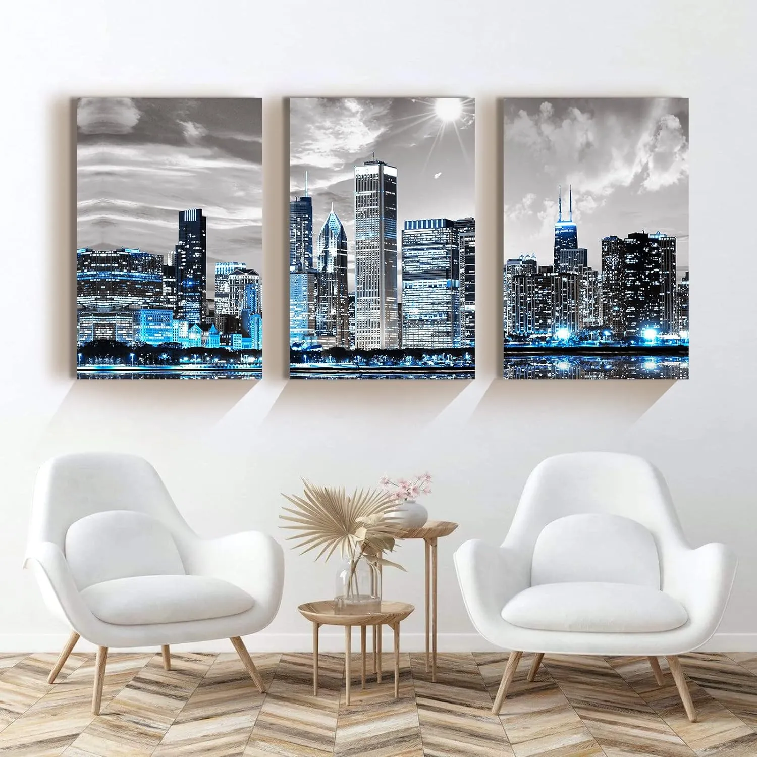 SERIMINO Chicago Skyline Wall Art for Living Room, Modern City Pictures Canvas Wall Decor for Office Bedroom 3 Pieces Set Night Scene Prints Paintings for Home 12"X16"