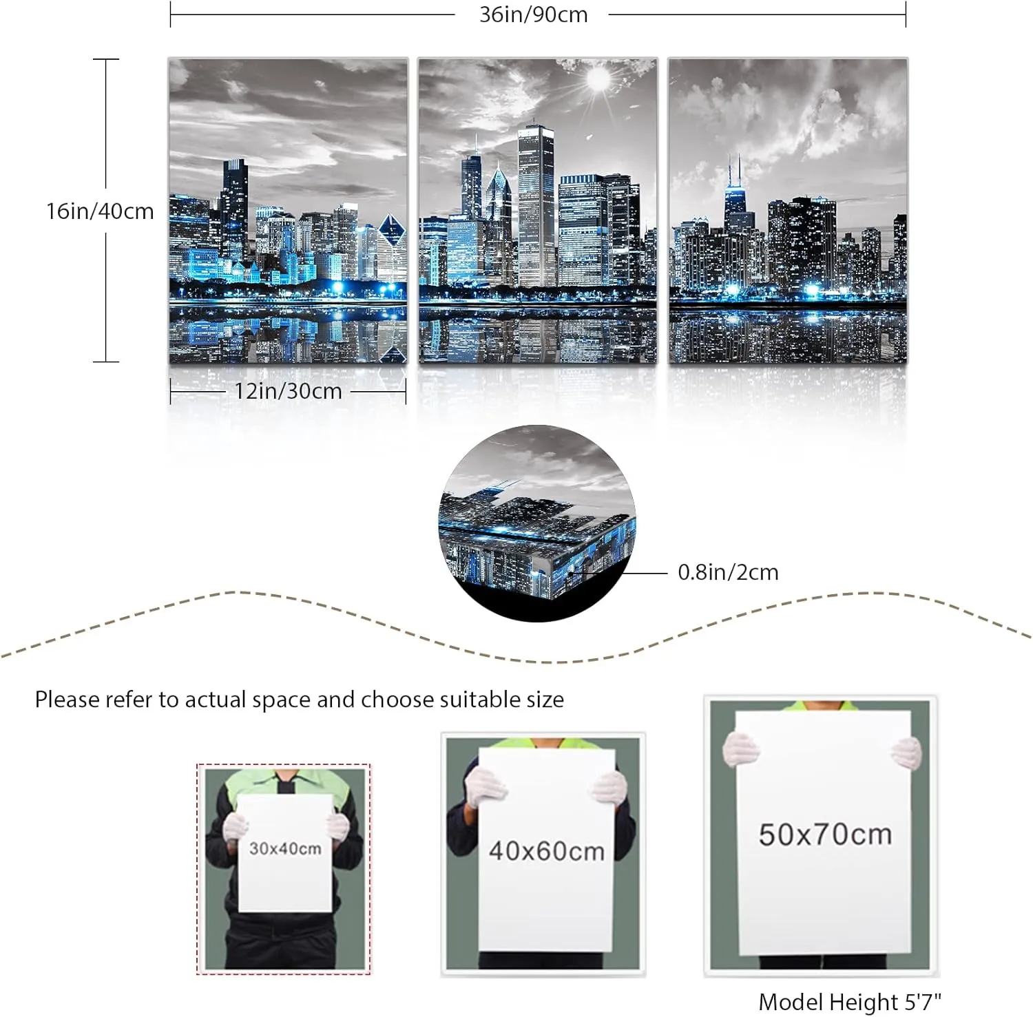SERIMINO Chicago Skyline Wall Art for Living Room, Modern City Pictures Canvas Wall Decor for Office Bedroom 3 Pieces Set Night Scene Prints Paintings for Home 12"X16"