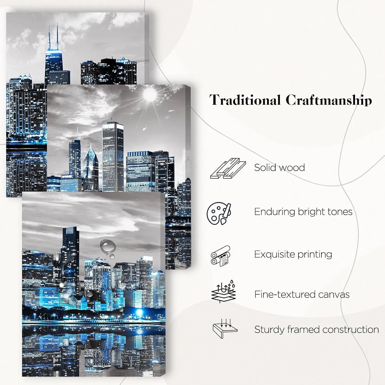 SERIMINO Chicago Skyline Wall Art for Living Room, Modern City Pictures Canvas Wall Decor for Office Bedroom 3 Pieces Set Night Scene Prints Paintings for Home 12"X16"