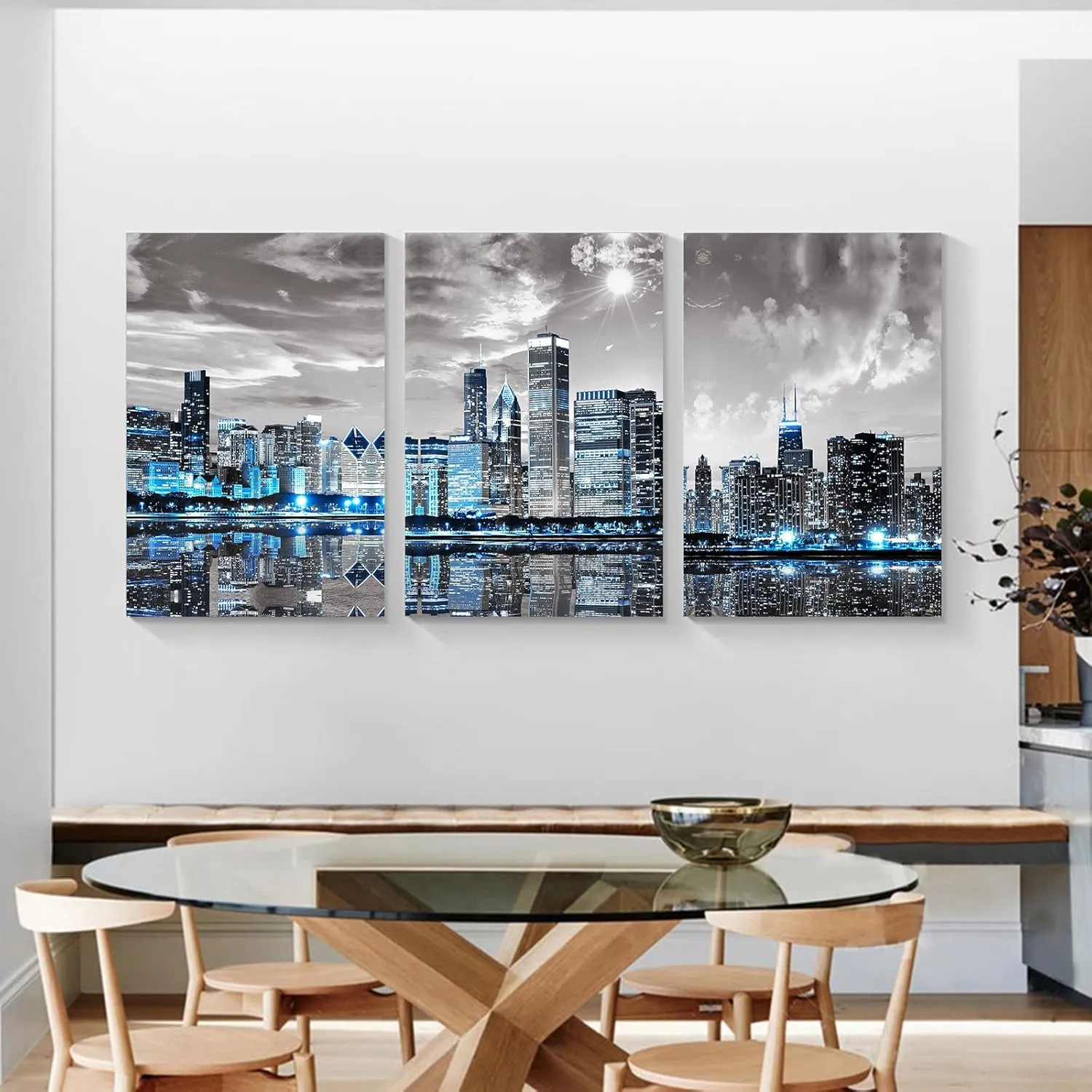 SERIMINO Chicago Skyline Wall Art for Living Room, Modern City Pictures Canvas Wall Decor for Office Bedroom 3 Pieces Set Night Scene Prints Paintings for Home 12"X16"