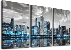 SERIMINO Chicago Skyline Wall Art for Living Room, Modern City Pictures Canvas Wall Decor for Office Bedroom 3 Pieces Set Night Scene Prints Paintings for Home 12"X16"