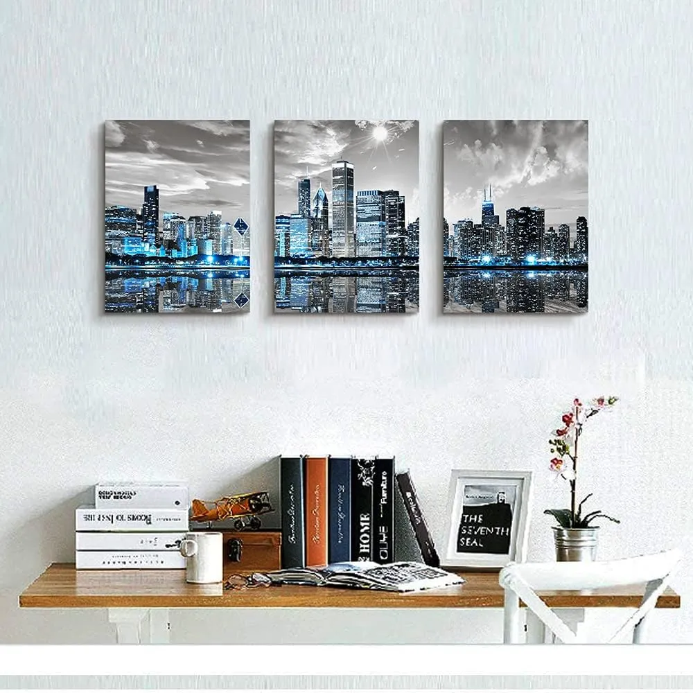 SERIMINO Chicago Skyline Wall Art for Living Room, Modern City Pictures Canvas Wall Decor for Office Bedroom 3 Pieces Set Night Scene Prints Paintings for Home 12"X16"