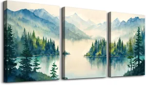 SERIMINO Nature Landscape Wall Art for Living Room, Green Forest Mountain Canvas Prints Paintings Room Decor, Lake Tree Cottagecore Modern Farmhouse Wall Decor Set of 3, 20"X28"