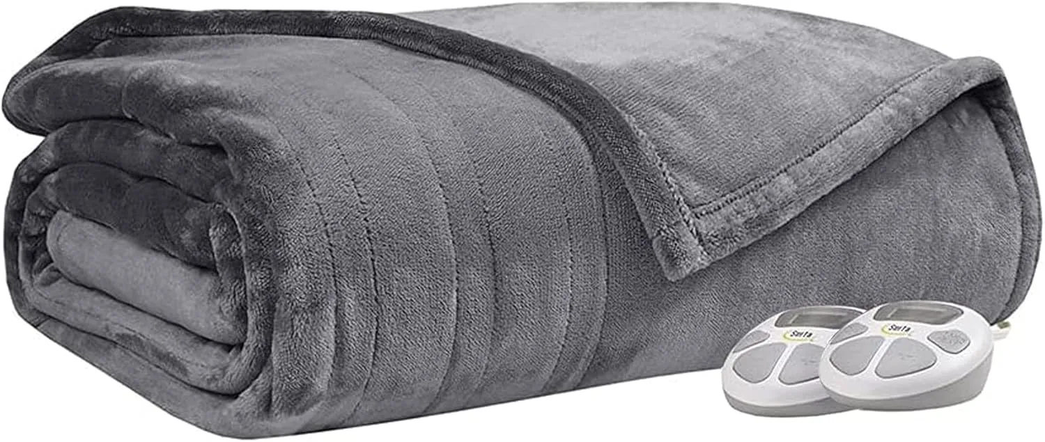 Serta Luxuriously Soft Plush Electric Blanket Fast Heating Cozy Cover, Safety Auto Shut Off Timer, Low EMF, Multi Heat Setting, ETL Certified, Machine Washable, Grey Queen (90 in x 84 in)