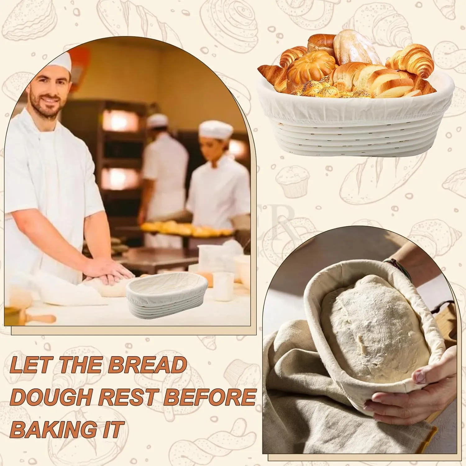 Set of 3 Proofing Basket,10 inch Oval Banneton Sourdough Bread Proofing Baskets, Dough Proofing Bowls with Liners Perfect for Professional & Home Dough Baking