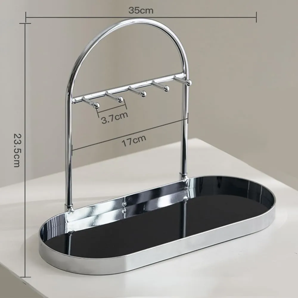 Shinpuru Metal Jewelry Organizer Stand & Key Holder Tray with Acrylic Base, Key Stand and Jewelry Tray with 5 Hooks, Perfect Key Bowl, Valet Key Tray, Ring Holder, Jewelry Dish (Silver Black)