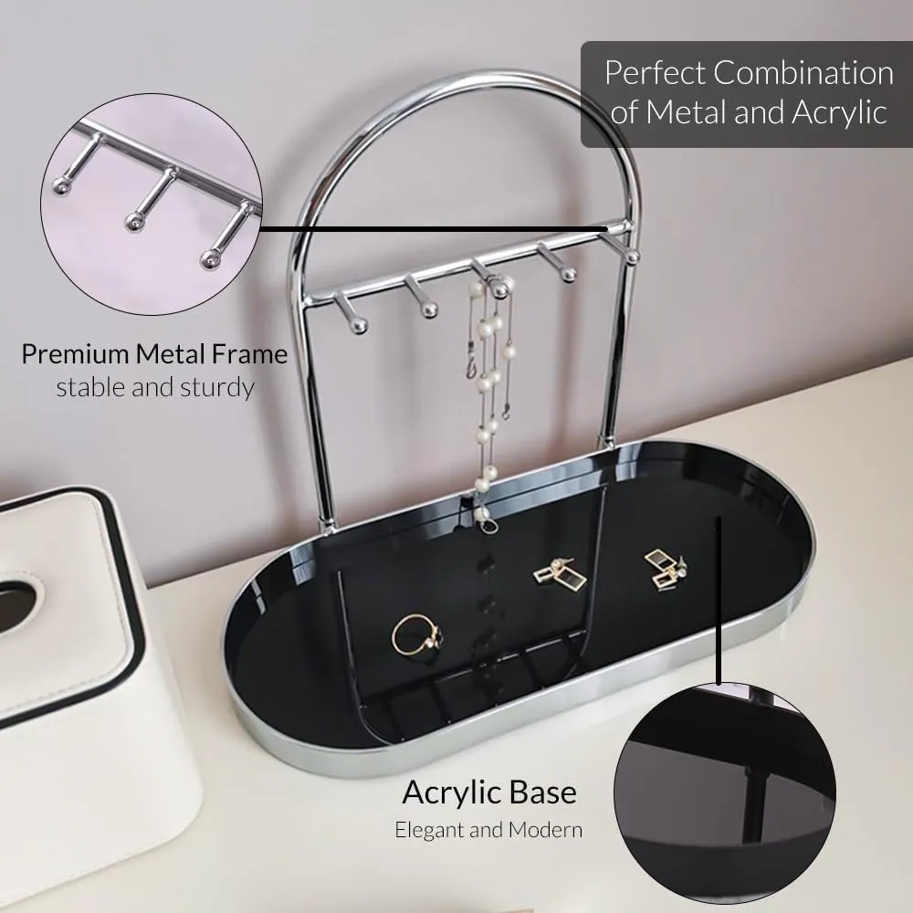 Shinpuru Metal Jewelry Organizer Stand & Key Holder Tray with Acrylic Base, Key Stand and Jewelry Tray with 5 Hooks, Perfect Key Bowl, Valet Key Tray, Ring Holder, Jewelry Dish (Silver Black)