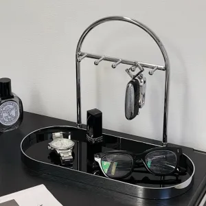 Shinpuru Metal Jewelry Organizer Stand & Key Holder Tray with Acrylic Base, Key Stand and Jewelry Tray with 5 Hooks, Perfect Key Bowl, Valet Key Tray, Ring Holder, Jewelry Dish (Silver Black)
