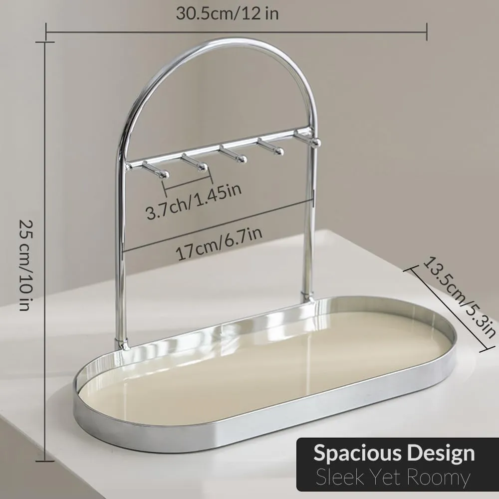 Shinpuru Metal Jewelry Organizer Stand & Key Holder Tray with Acrylic Base, Key Stand and Jewelry Tray with 5 Hooks, Perfect Key Bowl, Valet Key Tray, Ring Holder, Jewelry Dish (Silver Creamy)
