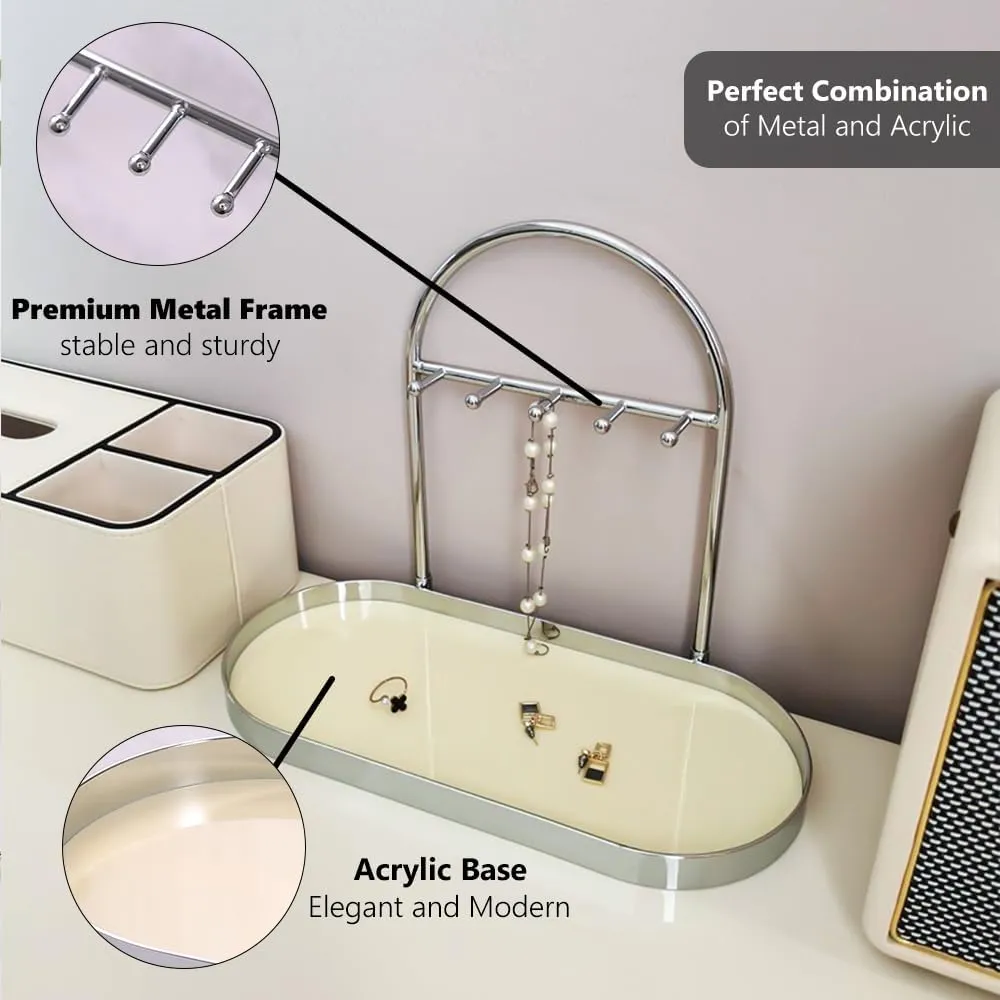 Shinpuru Metal Jewelry Organizer Stand & Key Holder Tray with Acrylic Base, Key Stand and Jewelry Tray with 5 Hooks, Perfect Key Bowl, Valet Key Tray, Ring Holder, Jewelry Dish (Silver Creamy)