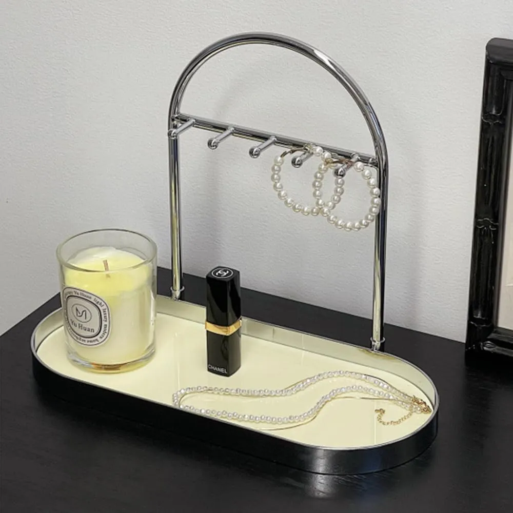 Shinpuru Metal Jewelry Organizer Stand & Key Holder Tray with Acrylic Base, Key Stand and Jewelry Tray with 5 Hooks, Perfect Key Bowl, Valet Key Tray, Ring Holder, Jewelry Dish (Silver Creamy)