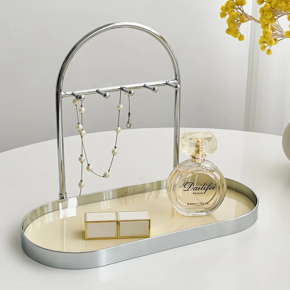Shinpuru Metal Jewelry Organizer Stand & Key Holder Tray with Acrylic Base, Key Stand and Jewelry Tray with 5 Hooks, Perfect Key Bowl, Valet Key Tray, Ring Holder, Jewelry Dish (Silver Creamy)