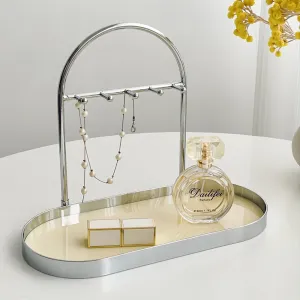 Shinpuru Metal Jewelry Organizer Stand & Key Holder Tray with Acrylic Base, Key Stand and Jewelry Tray with 5 Hooks, Perfect Key Bowl, Valet Key Tray, Ring Holder, Jewelry Dish (Silver Creamy)