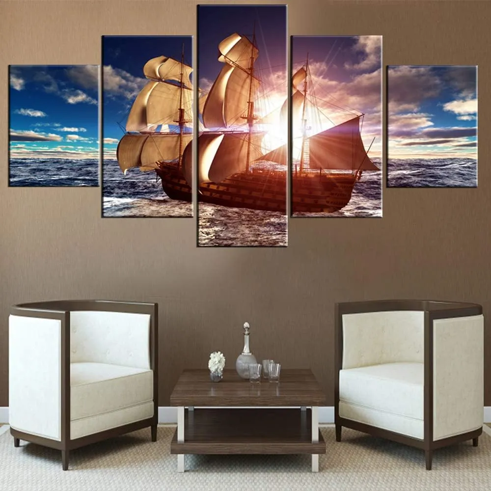 Ship at Sunset Wall Art for Living Room Sailing Boat Pictures Sea Scenery Paintings Multi Panel Blue Prints Artwork on Canvas Contemporary Home Decor Framed Gallery-Wrapped Ready to Hang(60''Wx32''H)