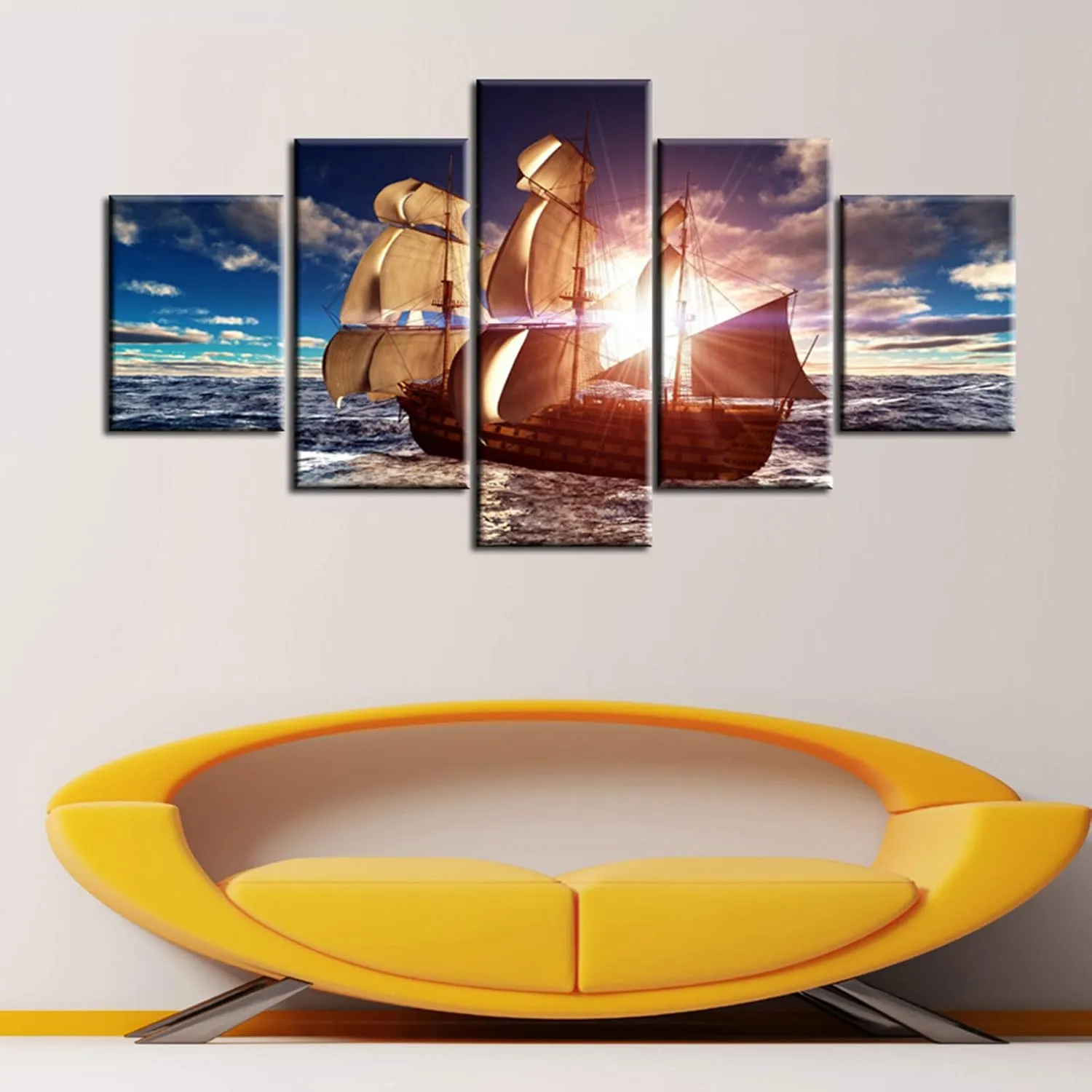 Ship at Sunset Wall Art for Living Room Sailing Boat Pictures Sea Scenery Paintings Multi Panel Blue Prints Artwork on Canvas Contemporary Home Decor Framed Gallery-Wrapped Ready to Hang(60''Wx32''H)