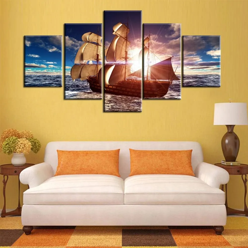 Ship at Sunset Wall Art for Living Room Sailing Boat Pictures Sea Scenery Paintings Multi Panel Blue Prints Artwork on Canvas Contemporary Home Decor Framed Gallery-Wrapped Ready to Hang(60''Wx32''H)