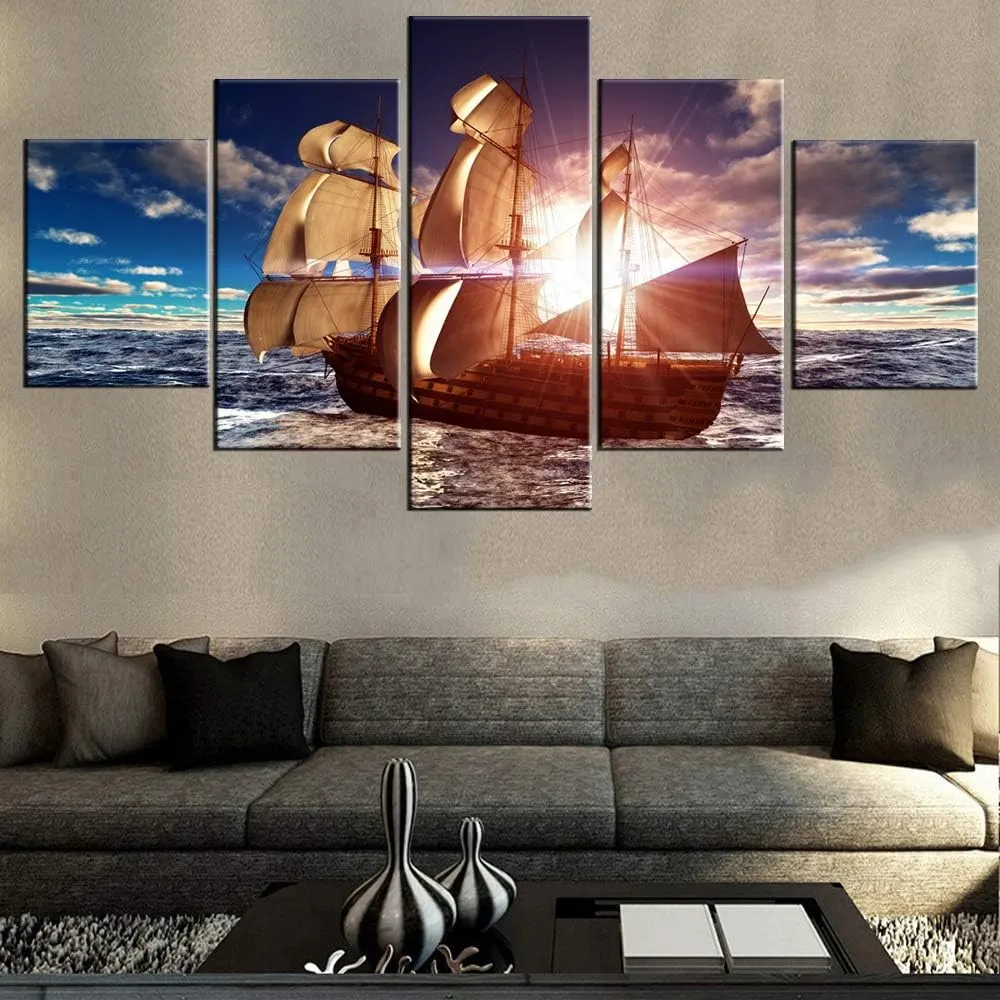 Ship at Sunset Wall Art for Living Room Sailing Boat Pictures Sea Scenery Paintings Multi Panel Blue Prints Artwork on Canvas Contemporary Home Decor Framed Gallery-Wrapped Ready to Hang(60''Wx32''H)