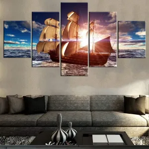 Ship at Sunset Wall Art for Living Room Sailing Boat Pictures Sea Scenery Paintings Multi Panel Blue Prints Artwork on Canvas Contemporary Home Decor Framed Gallery-Wrapped Ready to Hang(60''Wx32''H)