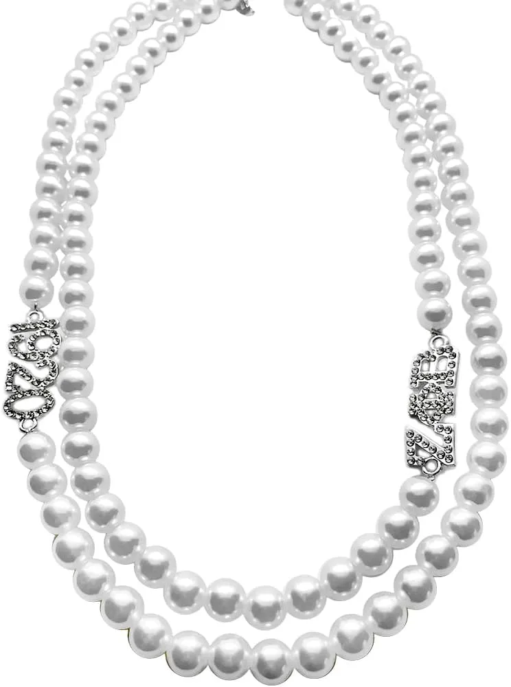 Sisterhood Statement jewelry ZETA 1920 rhinestone metal charm Double Necklace for sorority Women with Imitation Pearl Beads, Choker Style Multi-Strand Necklace